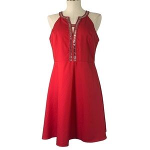 Ya Los Angeles Sequin Beaded Fit & Flare Midi Dress - Red/Silver, Size Large